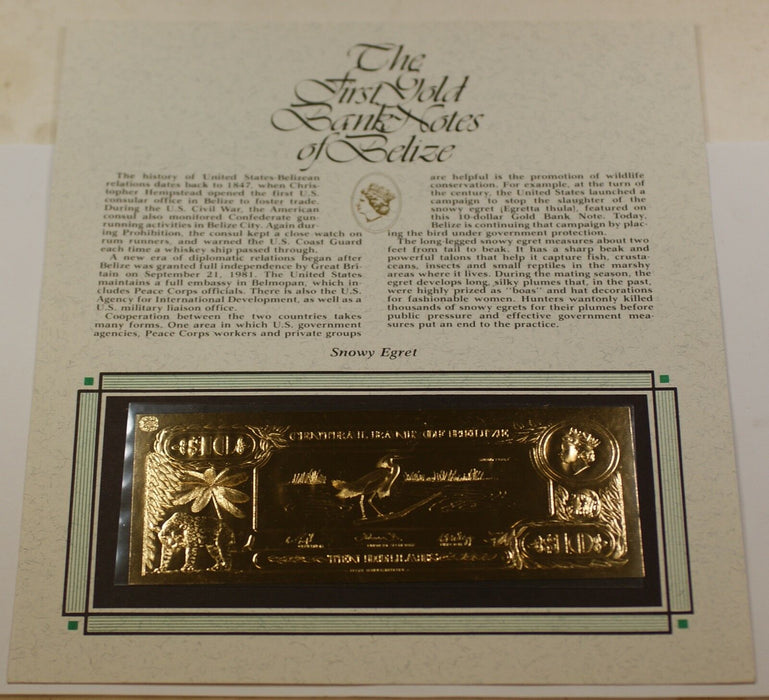 $10 Snowy Egret- The First Gold Bank Notes of Belize w/ Presentation Card