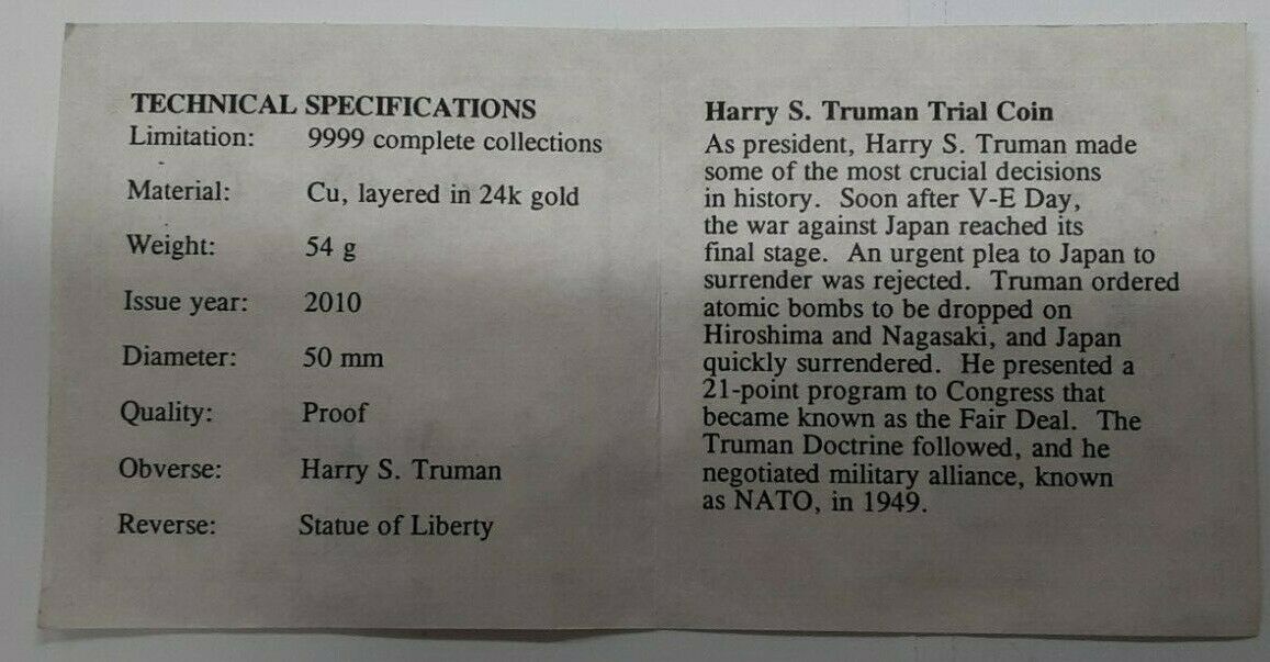 Harry S. Truman American Mint Gold Plated Trial Dollar Commem in Capsule w/COA