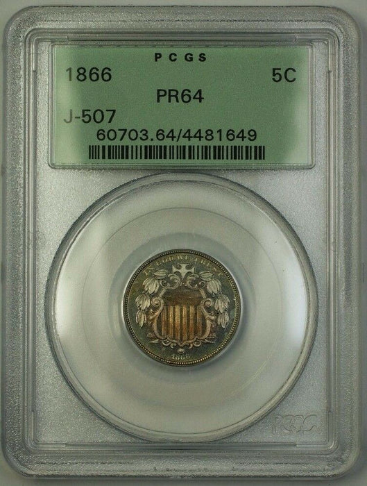 1866 Shield Nickel Pattern Proof 5c Coin PCGS PR-64 OGH Toned J-507 Judd WW
