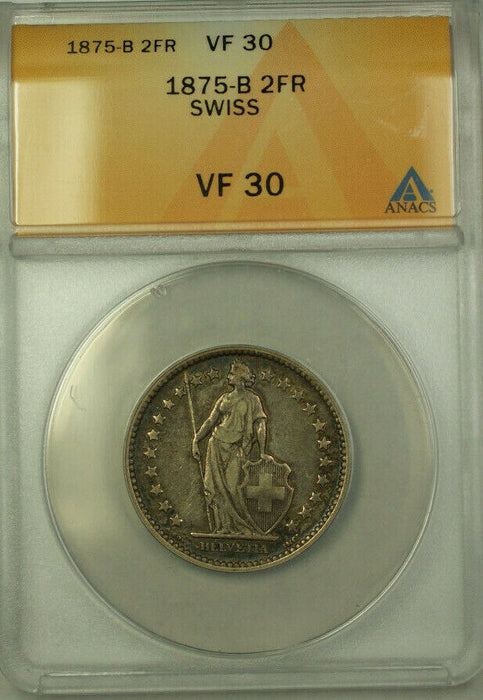 1875-B Switzerland Silver 2 Francs Coin ANACS VF 30 KM#21