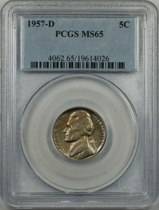 1957-D Nickel 5c Coin PCGS MS-65 1I Lightly Toned