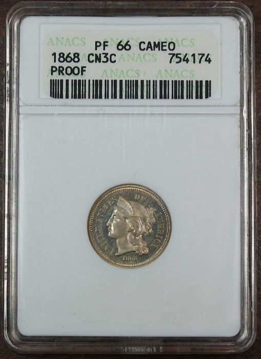 1868 3 Cent Nickel Proof Coin, ANACS PF-66 Cameo