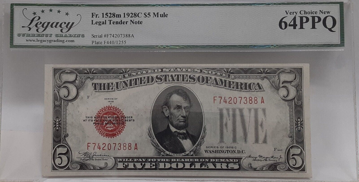 1928-C $5 Legal Tender Note Fr. 1528 Legacy Very Ch New 64 PPQ Not a Mule  C