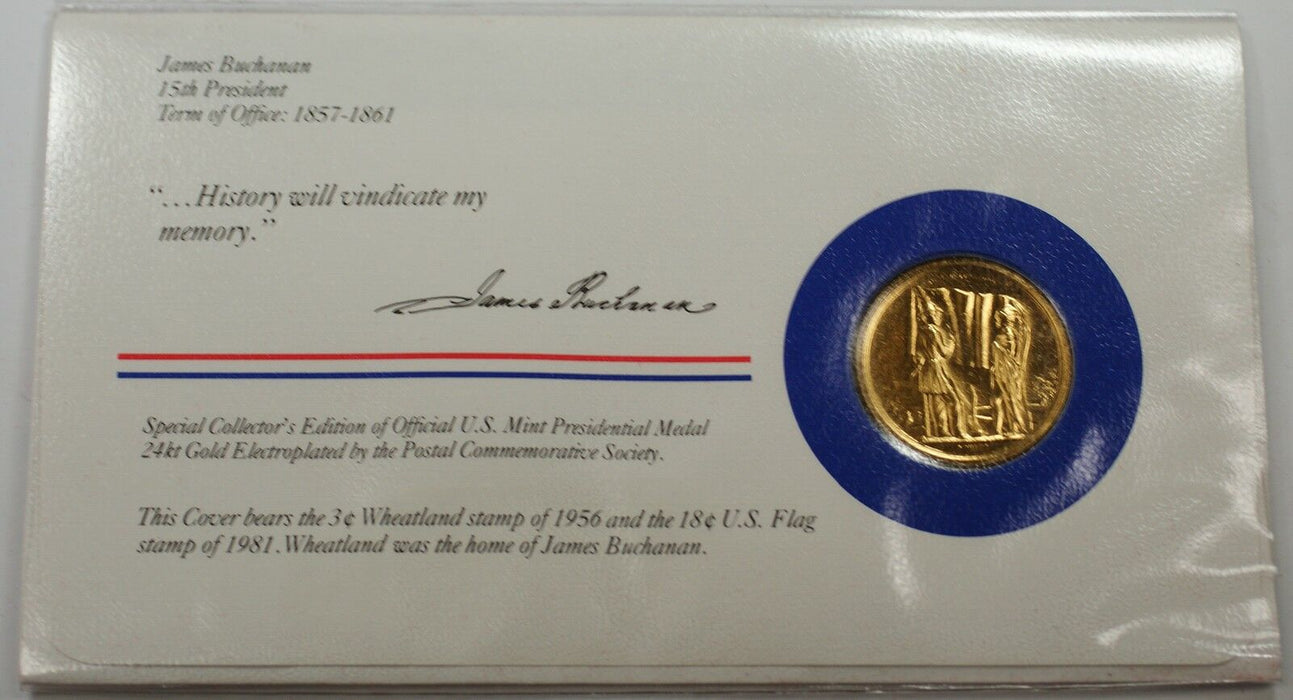 James Buchanan Presidential Medal 24 KT Electroplate Gold & Stamps Cover