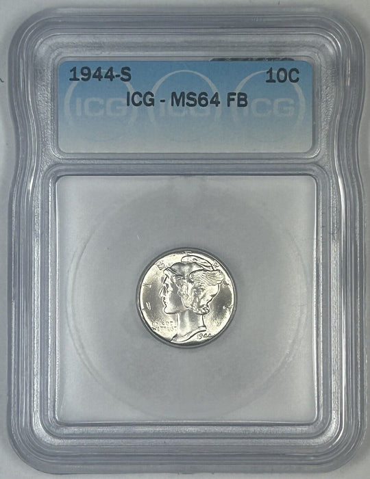 1944-S Mercury Silver Dime 10c Coin ICG MS 64 FB (Looks Better) (54) D