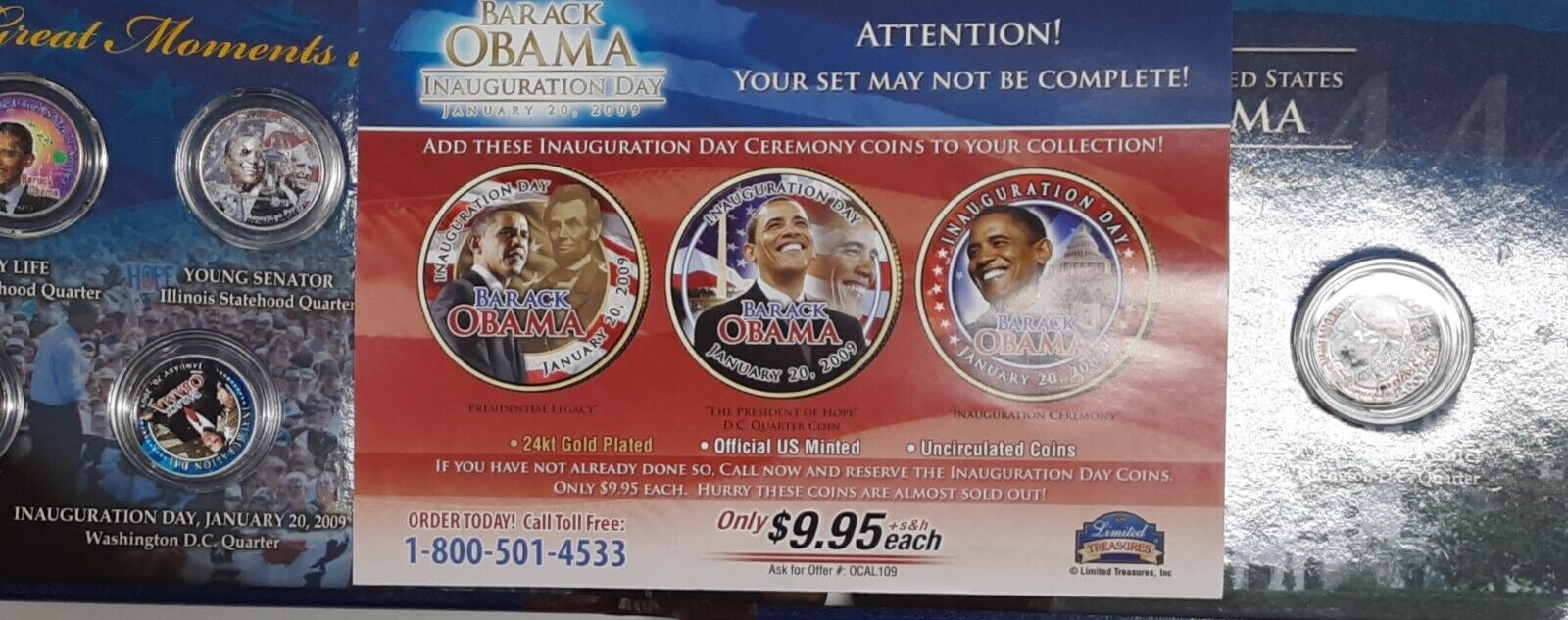 The Obama Collection 9 Colorized Coins Total w/$1, 50C & Quarters