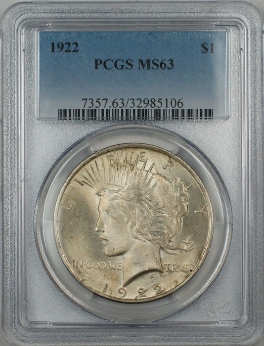 1922 Silver Peace Dollar $1 PCGS MS-63 5E Lightly Toned Better Coin