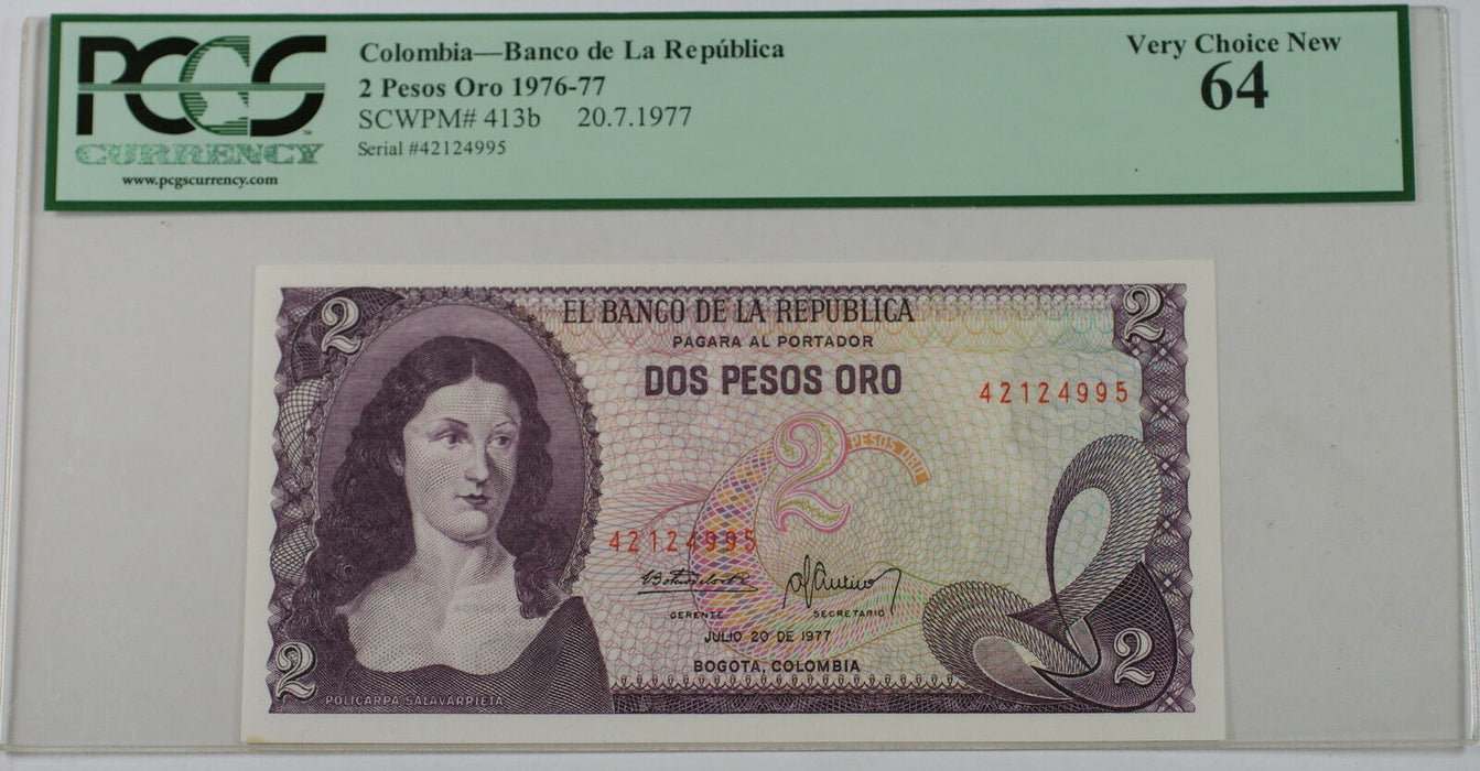 1976-77 Colombia 2 Pesos Oro Note SCWPM# 413b PCGS 64 Very Choice New