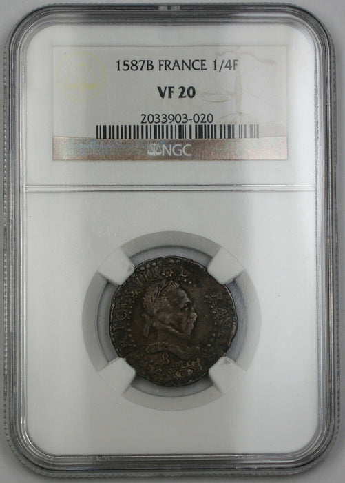 1587B France 1/4 Franc Silver Coin Henry III NGC VF-20 AKR