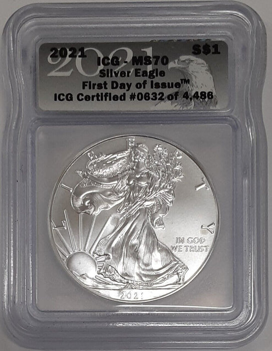 2021 American Silver Eagle $1 1 Oz Troy .999 Fine Silver ICG MS-70 Ty 1 1st Day