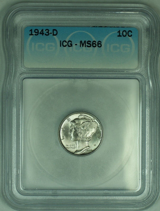 1943-D Mercury Silver Dime 10c Coin ICG MS 66 (Looks Full Band) (53) B