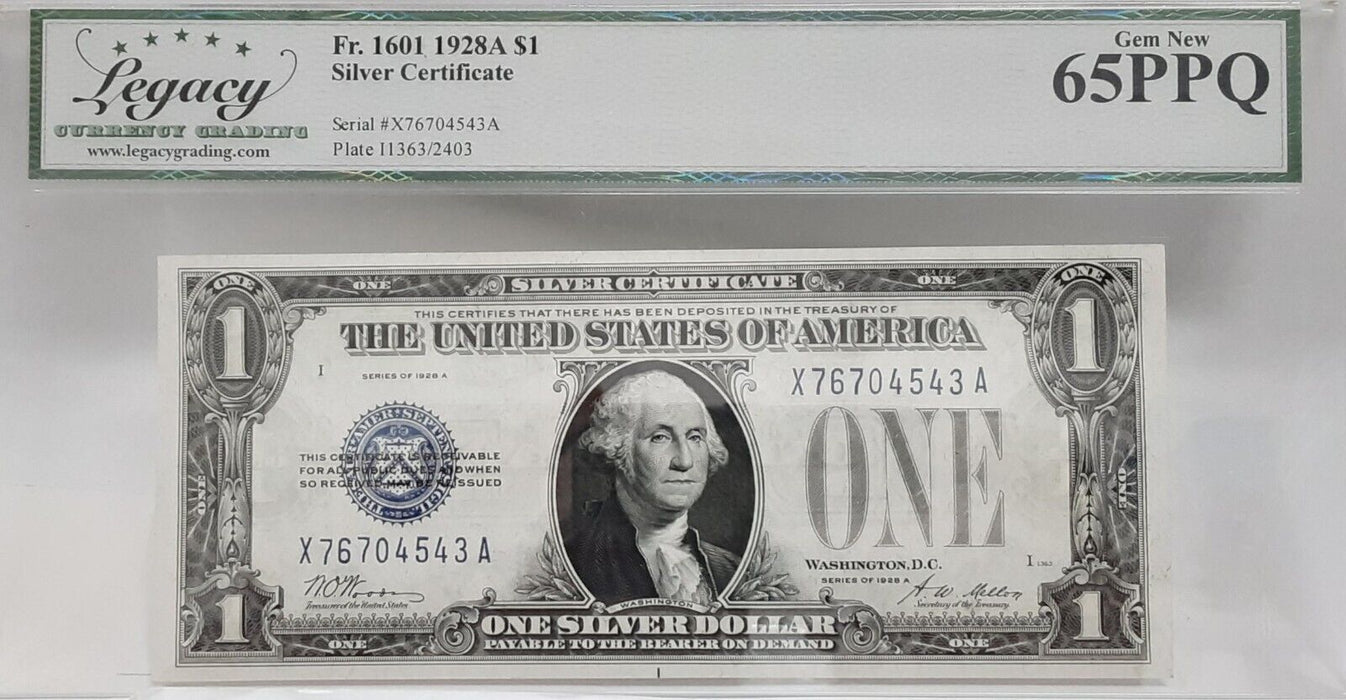 1928-A $1 Silver Certificate FR# 1601 X-A Block Legacy Gem New 65PPQ   A