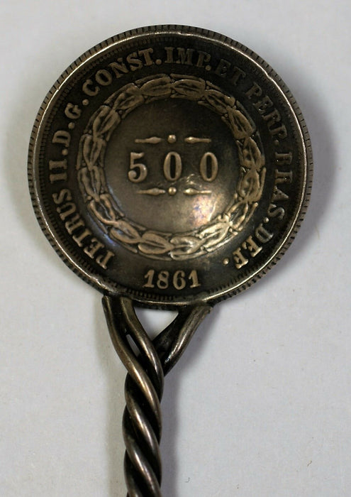 1858 500 Reis Brazil Coin on an 8 and a Half Inch Solid Silver Spoon Black Stone