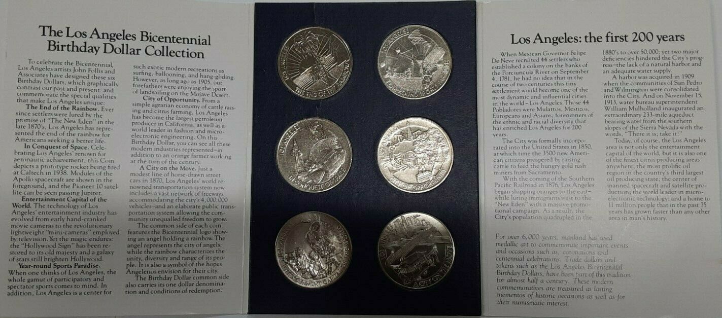 1981 Los Angeles Bicentennial Birthday Dollars - 6 BU Coins as Issued W/Folder