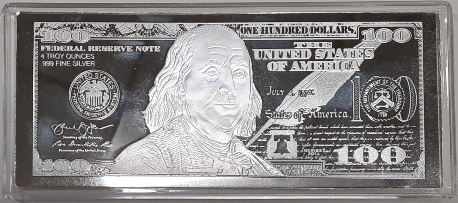 2014 $100 Note Design 4 Troy Oz .999 Silver Ingot-Proof-Like in Plastic Case