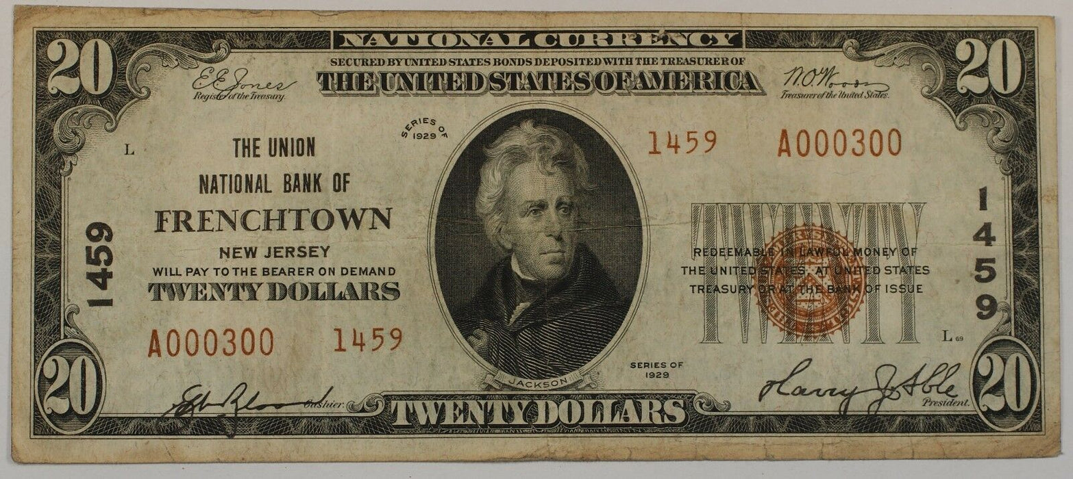 1929 US $20 National Banknote Type 2 Frenchtown NJ CH# 1459 Circulated Bill