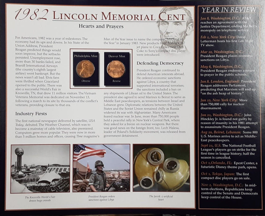 1982 Lincoln Cent / The Years Historic Events on Informative Card - See Photos