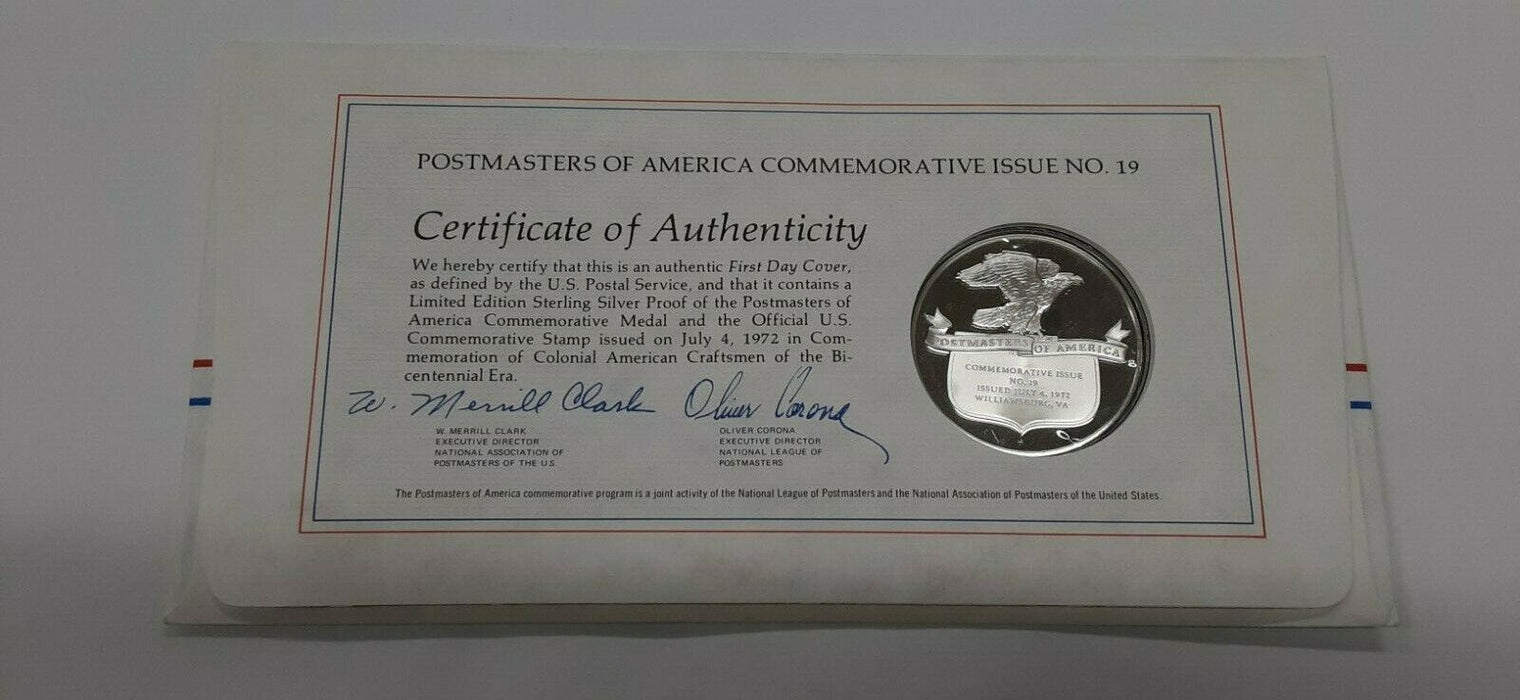 1972 Postmasters Of America Commemorative Silver Medal  Colonial Glassblowers