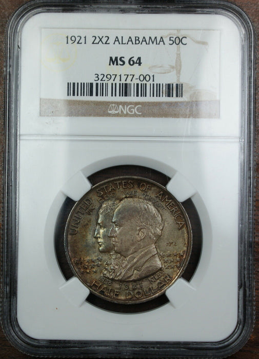 1921 2X2 Alabama Commemorative Silver Half Dollar, NGC MS-64, Toned *GEM* Coin