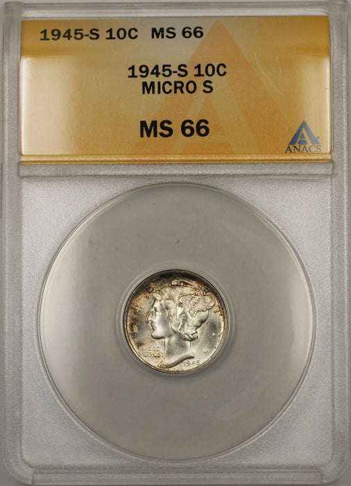 1945-S Silver Mercury Dime 10C ANACS MS-66 Micro S (Toned 11 D)