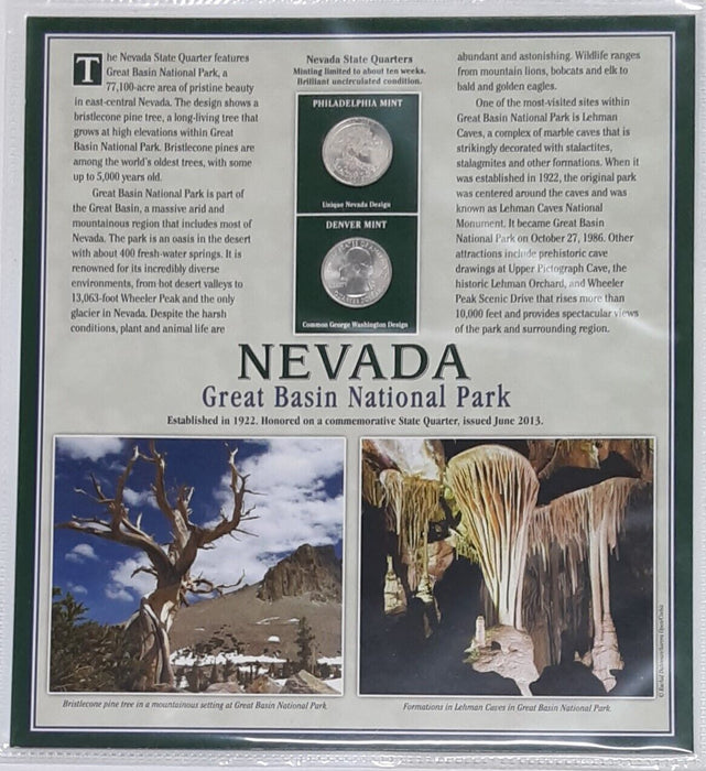 2013 Nevada Great Basin National Park Quarter P&D w/ 2 Stamps Display Card