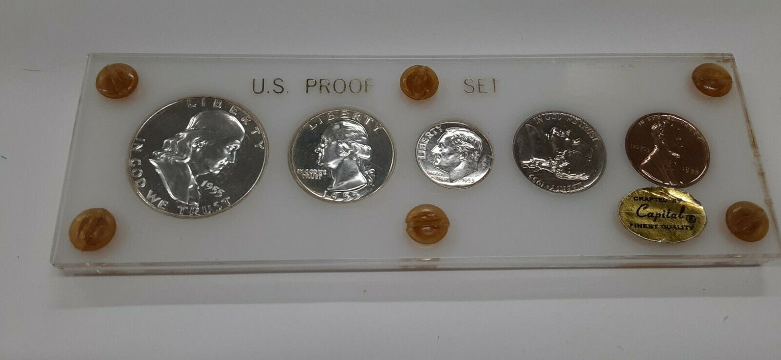 1955 United States Mint 5 Coin Proof Set in White Capital Holder 90% Silver (N)