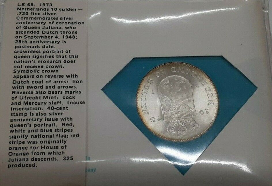 1973 Netherlands BU 10 Gulden .720 Silver Coin W/Stamp in FDC-25th Ann of Queen