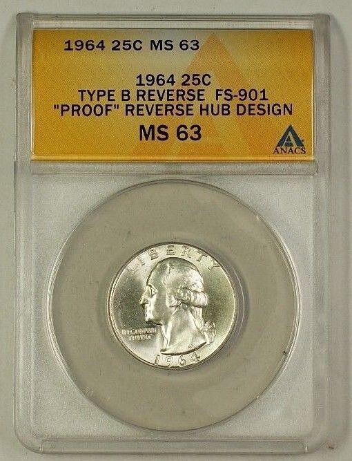1964 Washington Silver Quarter Coin Type B Rev FS-901 ANACS MS-63 (Better)