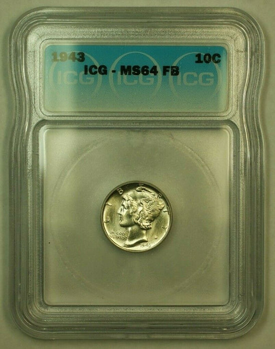1943 Silver Mercury Dime 10c Coin ICG MS-64FSB B