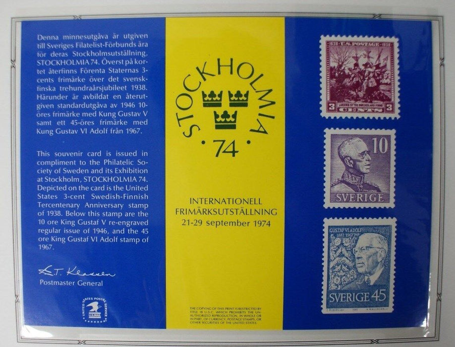 souvenir card PS 15 Stockholmia 1974 1938 3ï¾¢ Swedish-Finnish Tercent stamp