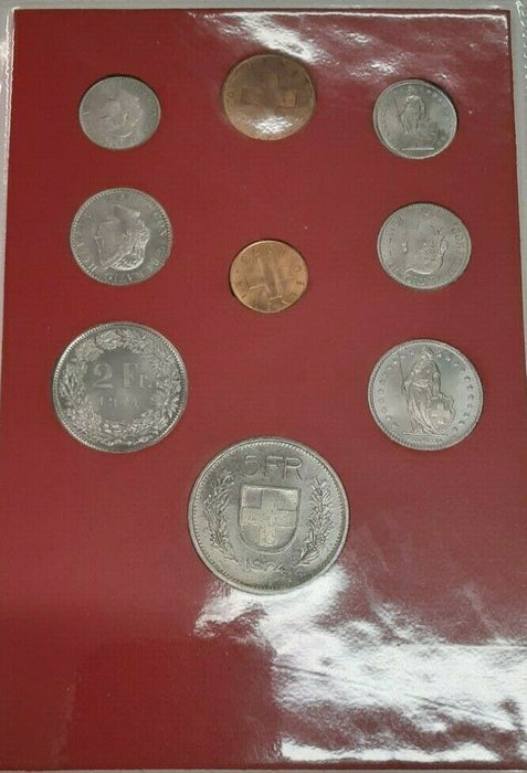 1974 Switzerland Mint Set 9 BU Coins in Holder