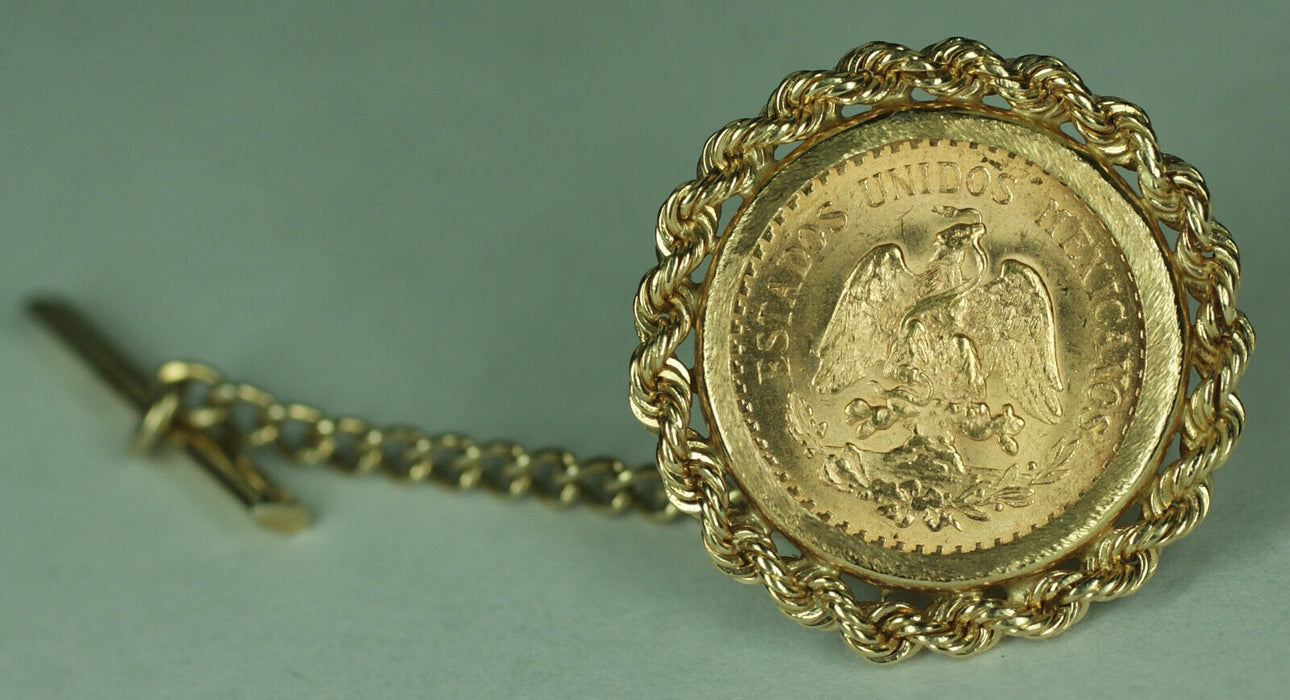 1945 Mexico 2.5 Pesos Gold Coin in 14K Rope Bezel Tie Pin