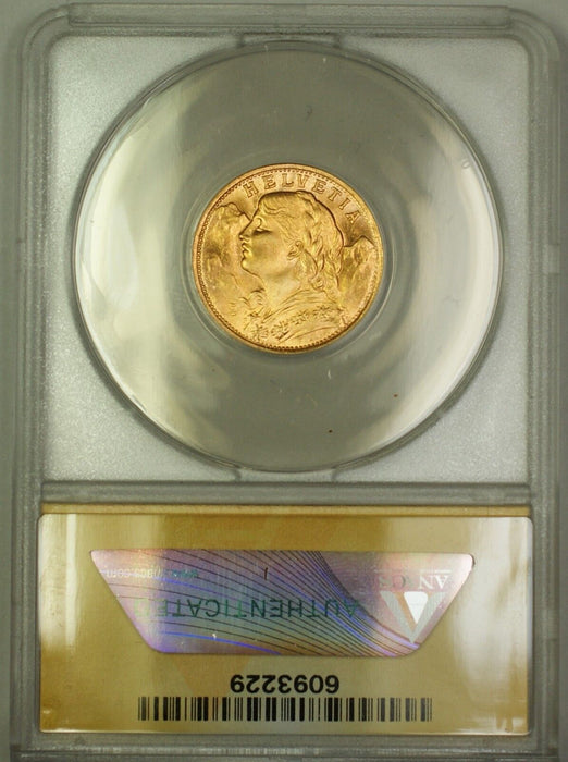 1935-LB Switzerland Restrike Year 20 FR Francs Gold Coin ANACS MS-67 GEM BU (A)