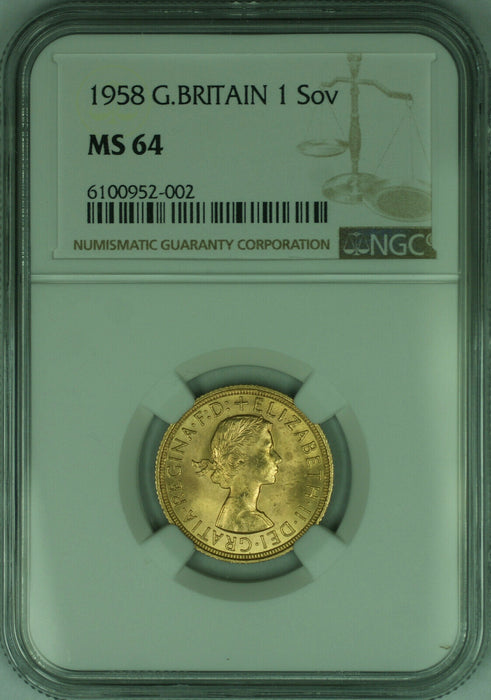 1958 Great Britain 1 Sovereign Gold Coin NGC MS-64 (AN)