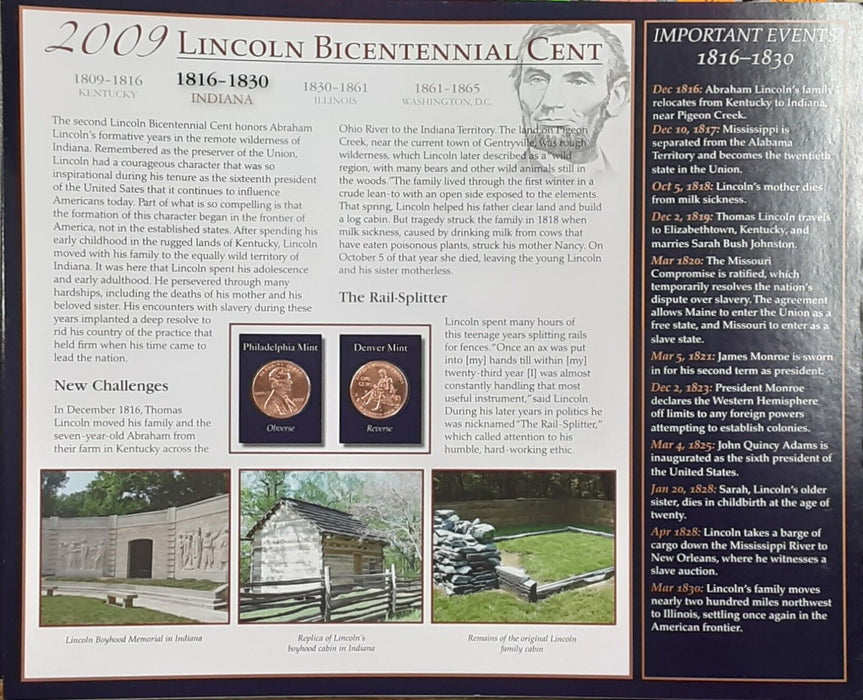 2009 Lincoln Cent / The Years Historic Events on Informative Card - See Photos