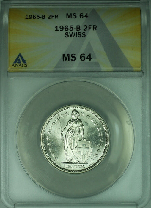 1965-B Switzerland Swiss 2 Franc Silver Coin ANACS MS-64
