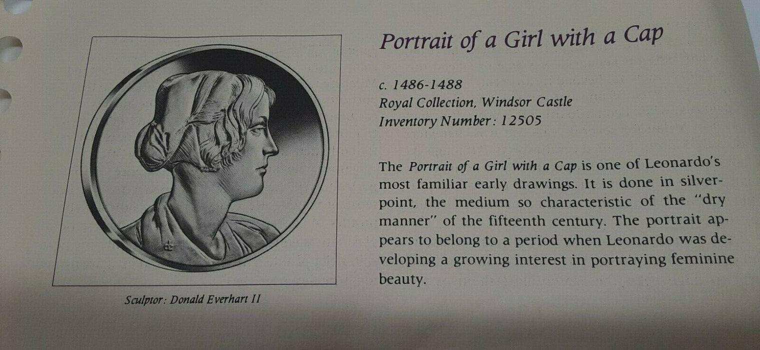 Franklin Mint Genius/DaVinci PF Gold Plated .925 Silver Medal-Girl w/Cap