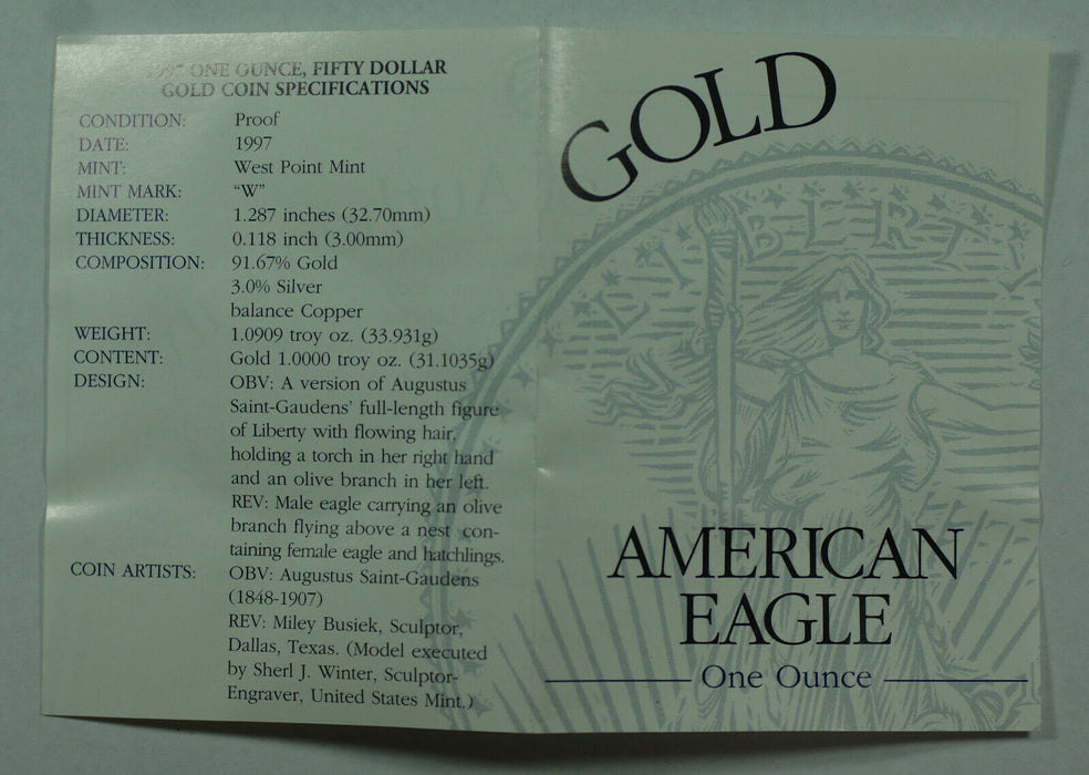 1997-W American Eagle Gold 1 Oz Proof Coin in Mint Box w/ COA