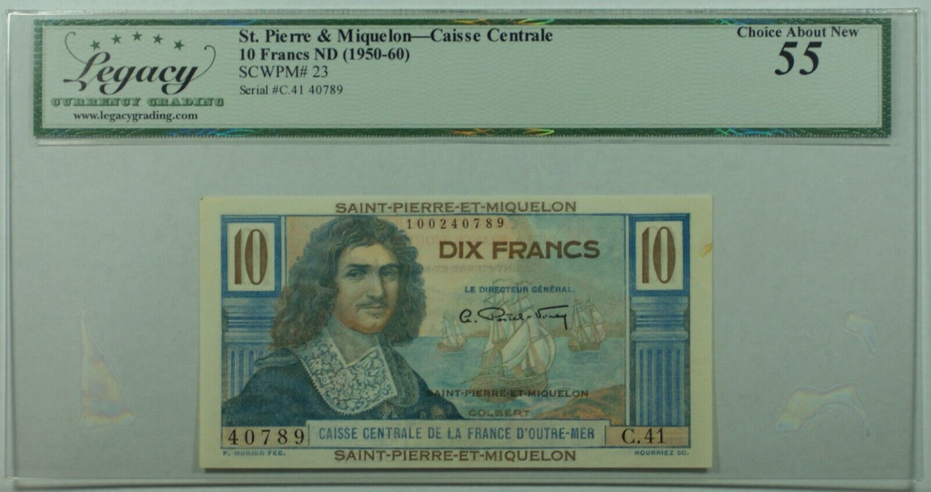 1950-60 St. Pierre & Miquelon 10 Francs Note SCWPM#23 Legacy Ch Abt New-55