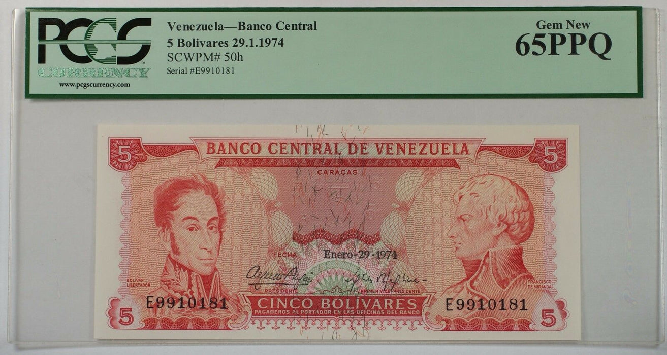 1974 Venezuela Banco Central 5 Bolivares Note SCWPM# 50h PCGS 65 PPQ Gem New