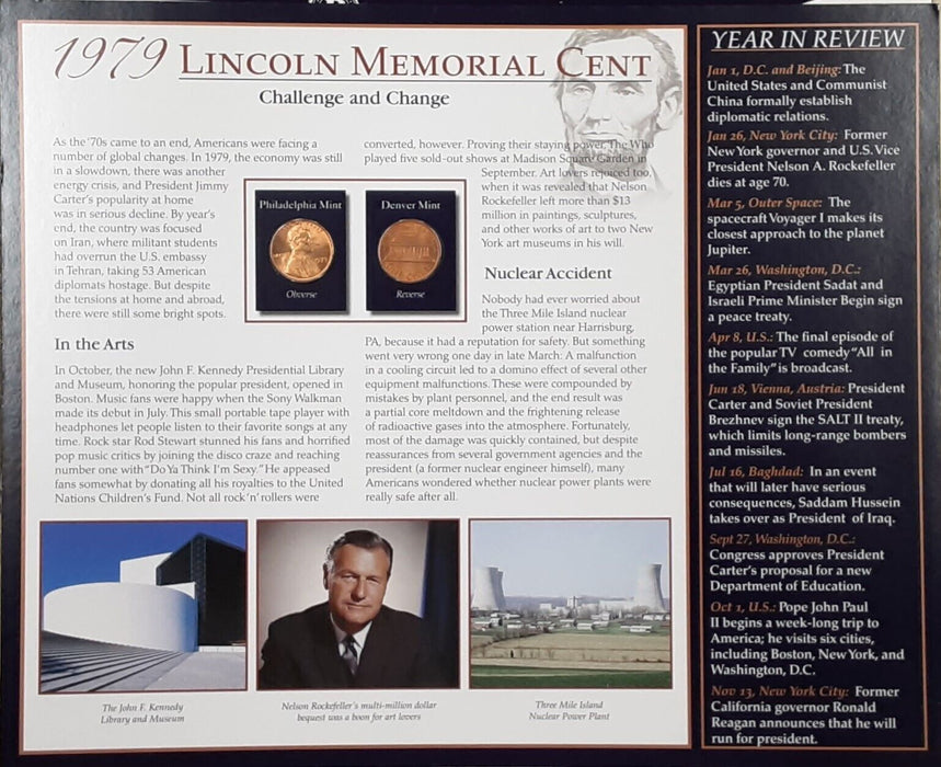 1979 Lincoln Cent / The Years Historic Events on Informative Card - See Photos