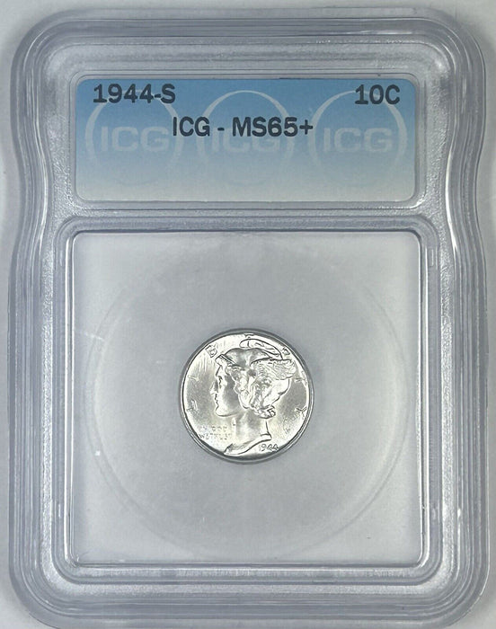 1944-S Mercury Silver Dime 10c Coin ICG MS 65+ (Near FB) (54) A
