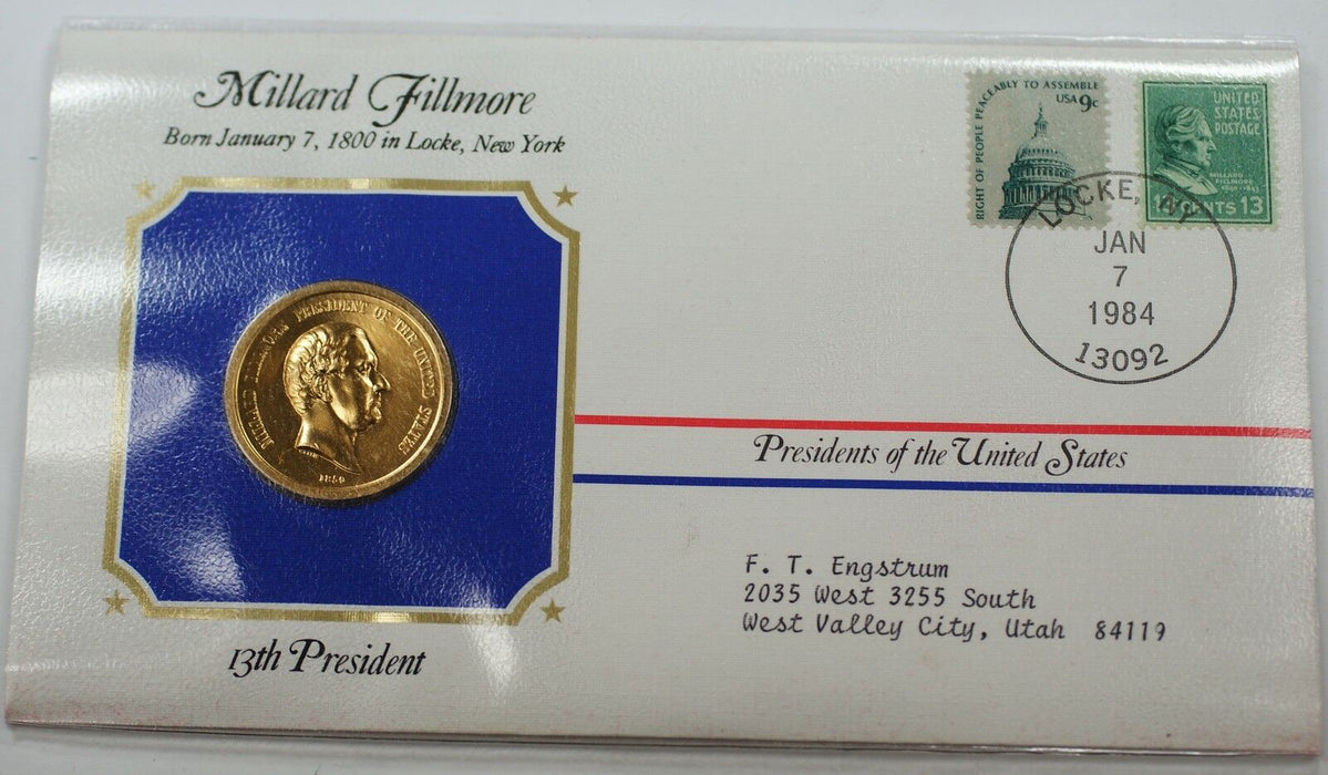Millard Fillmore Presidential Medal 24 KT Electroplate Gold & Stamps Cover