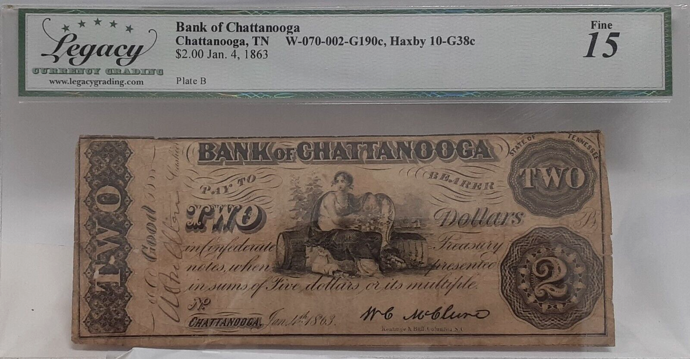 Jan 4, 1863 Bank of Chattanooga, TN $2 Note  Legacy Fine 15 w/Comments
