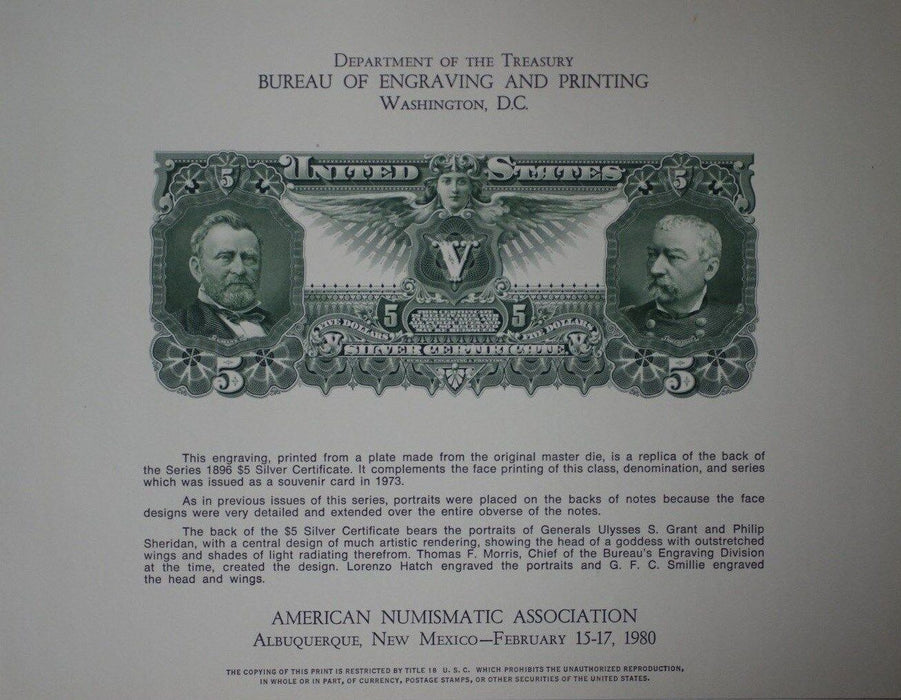 BEP Souvenir Card B46 ANA 1980 back 1896 $5 Educational Silver Certificate