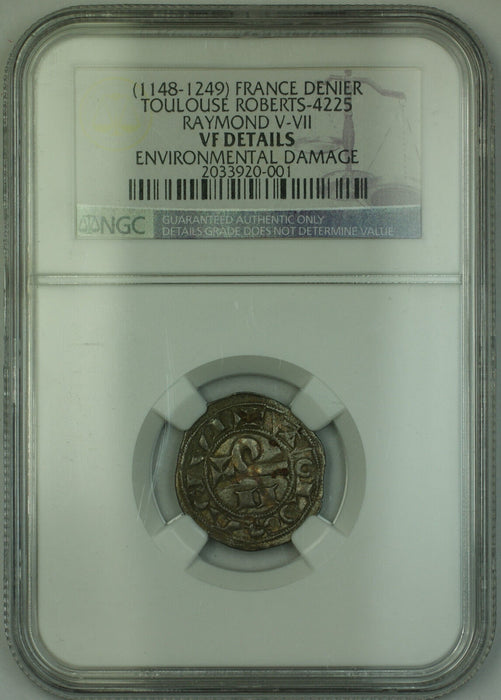 (1148-1249) France Silver Denier Coin Raymond V-VII Roberts-4225 NGC VF Det. AKR