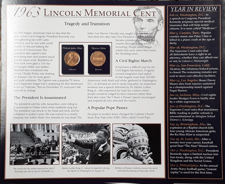 1963 Lincoln Cent / The Years Historic Events on Informative Card - See Photos