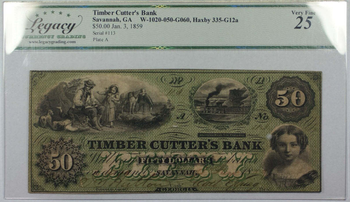 1859 Timber Cutters Bank Savannah, GA $50 Note Haxby 335-G12a  Legacy VF-25