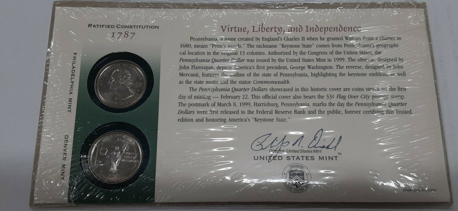 Pennsylvania 1999 P&D Statehood Quarter Set in Orig. US Mint Coin Cover w/Stamp