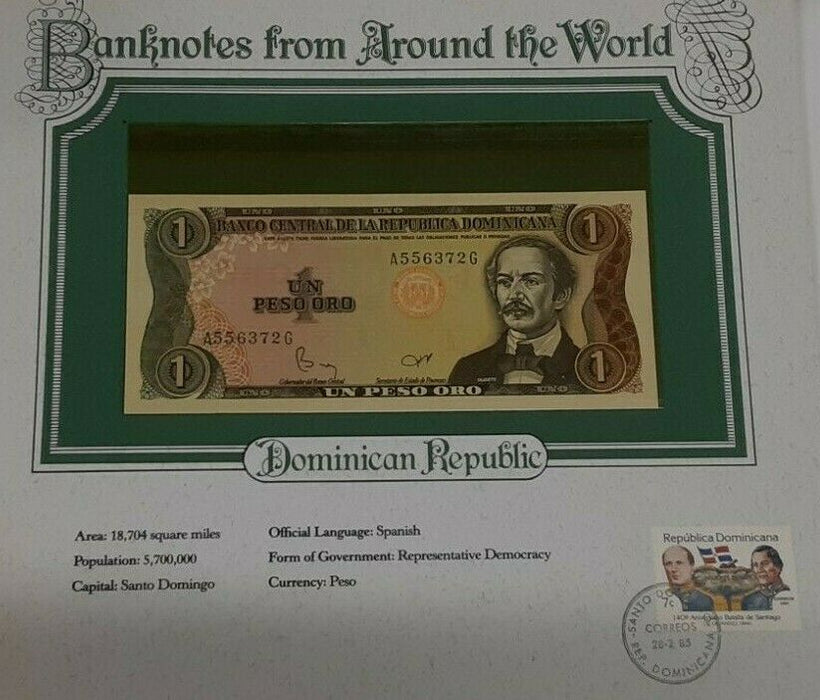 1984 Dominican Republic 1 Peso Oro Banknote Crisp Unc. in Stamped Info Card